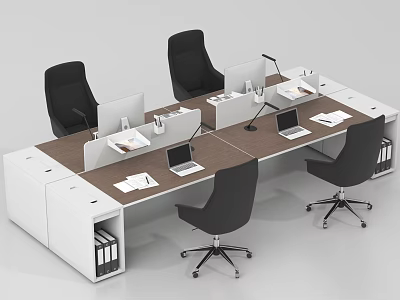 Modern Office Desk Setup With Black Chairs Laptops Documents And File Cabinets 3d model