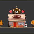 Cartoon Scene With Teddy Small Shop Bear Head Roof Heart Decorations And Autumn Orange Trees