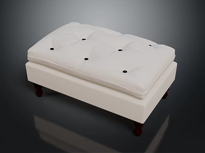 Elegant White Tufted Ottoman With Soft Upholstered Seat And Wooden Legs 3d model