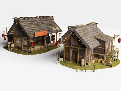 Traditional Japanese Wooden Houses With Tile Roofs Red Lanterns And Signboard 3d model