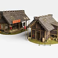 Traditional Japanese Wooden Houses With Tile Roofs Red Lanterns And Signboard