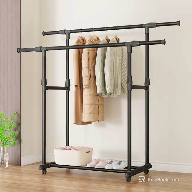Black Multi functional Clothes Rack in Bedroom Closet with Hanging Coats Storage Box and Shoes 3d model 