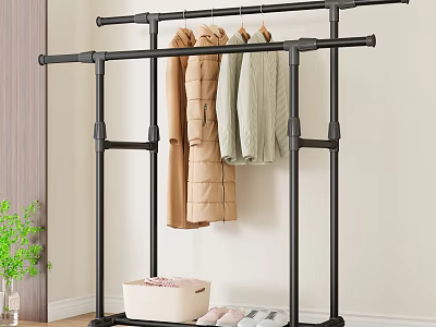 Black Multi functional Clothes Rack in Bedroom Closet with Hanging Coats Storage Box and Shoes 3d model