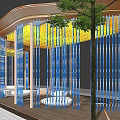 Modern Pergola Design with Yellow Blue Decorative Grilles and White Circular Seats on Wooden Floor