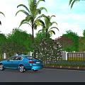 Tropical Roadside Garden Landscape With Palm Trees Green Shrubs Purple Flowers And White Fence