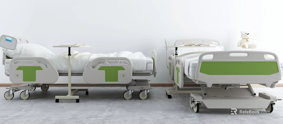 Modern Hospital Beds With Adjustable Frames And Medical Side Tables 3d model 