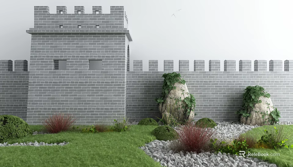 Garden Ornament With Gray Brick Wall Crenellated Top Green Ivy Stones Lawn And Red Plants 3d model 