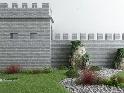 Garden Ornament With Gray Brick Wall Crenellated Top Green Ivy Stones Lawn And Red Plants 3d model