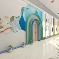 School Library with Classic Chinese Books and Colorful Bookshelves and Potted Plants