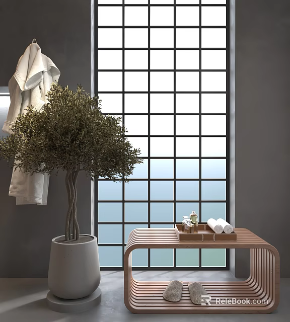 Wooden Single Chair by Large Grid Window with Olive Tree White Towels and Sea View 3d model 