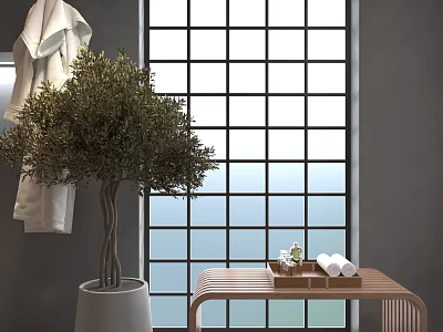 Wooden Single Chair by Large Grid Window with Olive Tree White Towels and Sea View 3d model