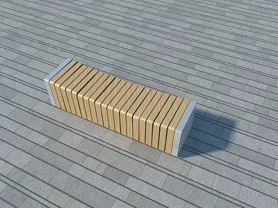 Modern Outdoor Bench With Wooden Slat Design And Metal Frame On Gray Stone Floor 3d model