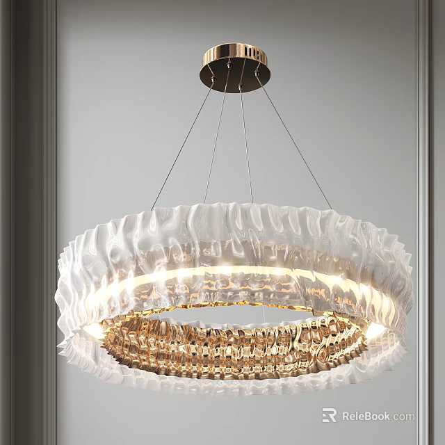 Elegant Modern Chandelier with White Wavy Shade and Crystal Gold Accents 3d model 