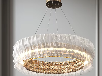 Elegant Modern Chandelier with White Wavy Shade and Crystal Gold Accents 3d model