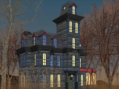 Ancient Building With Tower Structure Multiple Illuminated Windows And Surrounding Trees At Dusk 3d model