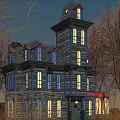 Ancient Building With Tower Structure Multiple Illuminated Windows And Surrounding Trees At Dusk