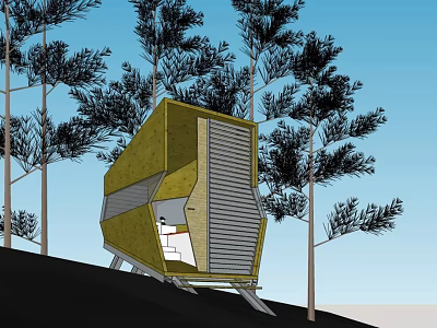 Small Modern Green Building On Hillside With Trees And Support Legs 3d model