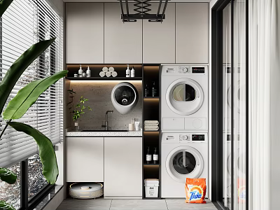 Modern Home Balcony Interior With Washing Machine Dryer Storage Cabinets And Green Plants 3d model