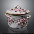 Porcelain Covered Pot With Pink Floral Decorations Gold Accents And Side Handles