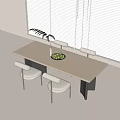 Modern Rectangular Dining Table Set with Four Chairs Green Plant and White Blinds 3d model