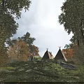 Scenic Garden Landscape With Gray Tent Autumn Colored Trees Teepees And Camping Chairs In Grassy Area