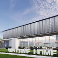 Modern Sales Office Building Exterior Design With Glass Curtain Wall And Trees Near Road