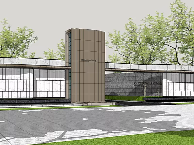 Modern Entrance Gate Design With Glass Curtain Stone Wall Greenery And Plaza Ground Surroundings 3d model