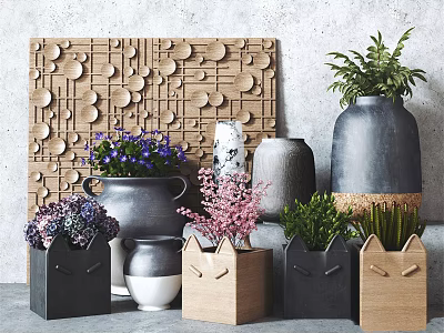 Bonsai Potted Plants With Various Flowers In Fox Ear Shaped Pots And Wooden Decorative Panel 3d model