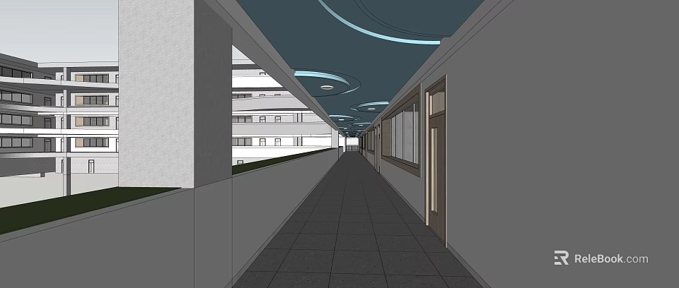 Modern Elevator Hallway Design With Curved Ceiling Tile Floor And Lighting 3d model 