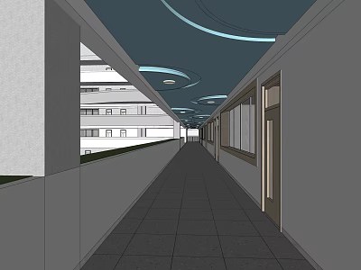 Modern Elevator Hallway Design With Curved Ceiling Tile Floor And Lighting 3d model
