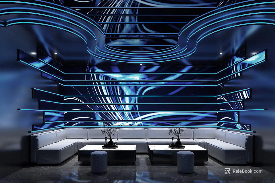 Modern KTV Interior With Blue Neon Lights And Sofa Seating 3d model