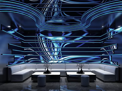 Modern KTV Interior With Blue Neon Lights And Sofa Seating 3d model