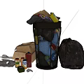 Everyday Household Items Including Trash Can Garbage Bag Cardboard Boxes And Plastic Bottles