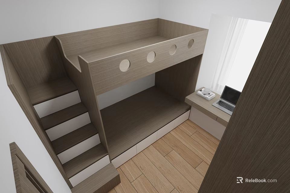 Kids Room Interior Design With Wooden Bunk Bed Stairs Storage Desk And Window 3d model 