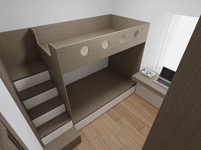 Kids Room Interior Design With Wooden Bunk Bed Stairs Storage Desk And Window 3d model