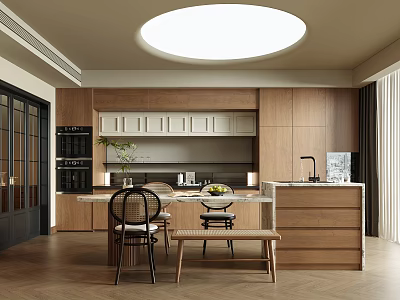Modern Open Restaurant Interior Design With Dining Table Island And Lighting 3d model