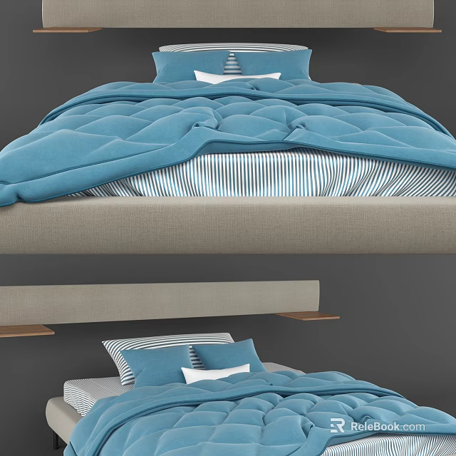 Double Bed With Blue Comforter Striped Sheets And Pillows On Modern Frame 3d model