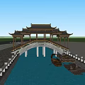 Chinese-style Bridge With Traditional Roof Red Lanterns Under Night Starry Sky And Water Reflection