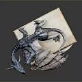 Artistic Dragon Character Sculpture With Detailed Textured Wings Lying On Book Platform