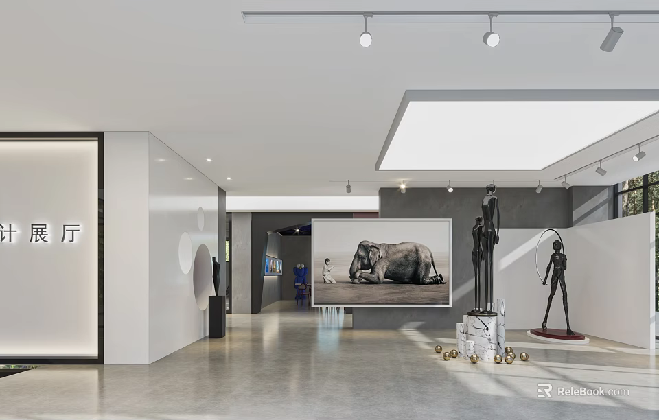 Modern Art Gallery Interior Featuring Large Elephant Painting And Sculptures With Spotlights 3d model 
