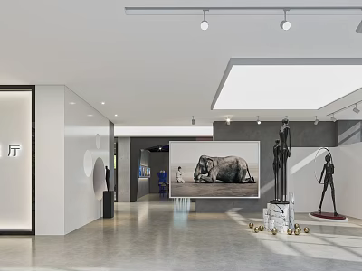Modern Art Gallery Interior Featuring Large Elephant Painting And Sculptures With Spotlights 3d model