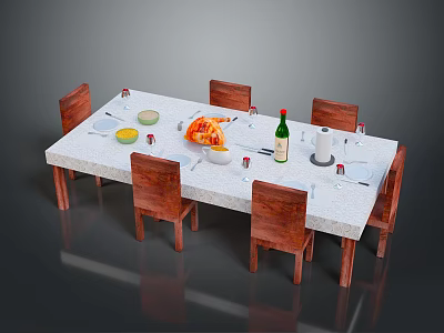 Dining Table Setup With Roasted Chicken Green Bottle Cutlery And Wooden Chairs 3d model