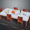 Dining Table Setup With Roasted Chicken Green Bottle Cutlery And Wooden Chairs