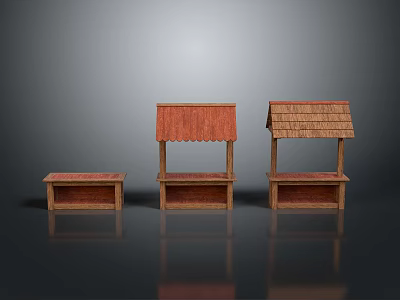 Three Wooden Market Stalls With Red Thatched And Flat Roof Structures 3d model