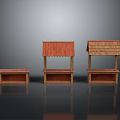 Three Wooden Market Stalls With Red Thatched And Flat Roof Structures