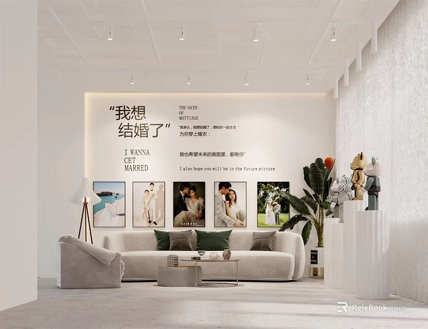 Elegant Bridal Shop Interior With Romantic Wedding Photos Green Plants And Cozy Sofa 3d model 