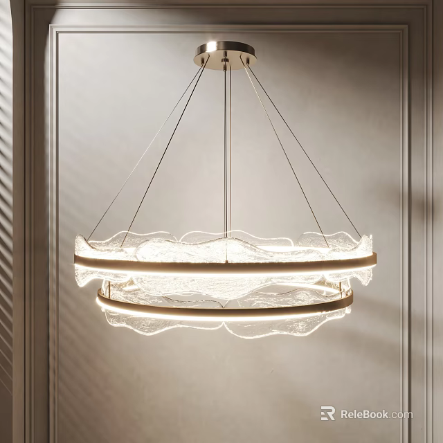 Modern Layered Circular Chandelier with Wooden Frame and Illuminated Glass Shades Creating Soft Ambient Light 3d model 