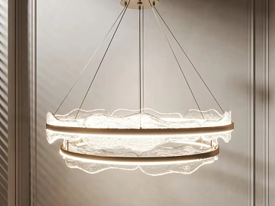 Modern Layered Circular Chandelier with Wooden Frame and Illuminated Glass Shades Creating Soft Ambient Light 3d model