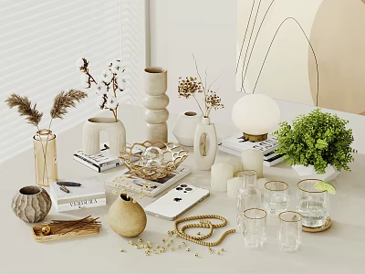 Minimalist Decorative Ornaments Set With Vases Dried Flowers Candles Glass Cups And Books 3d model