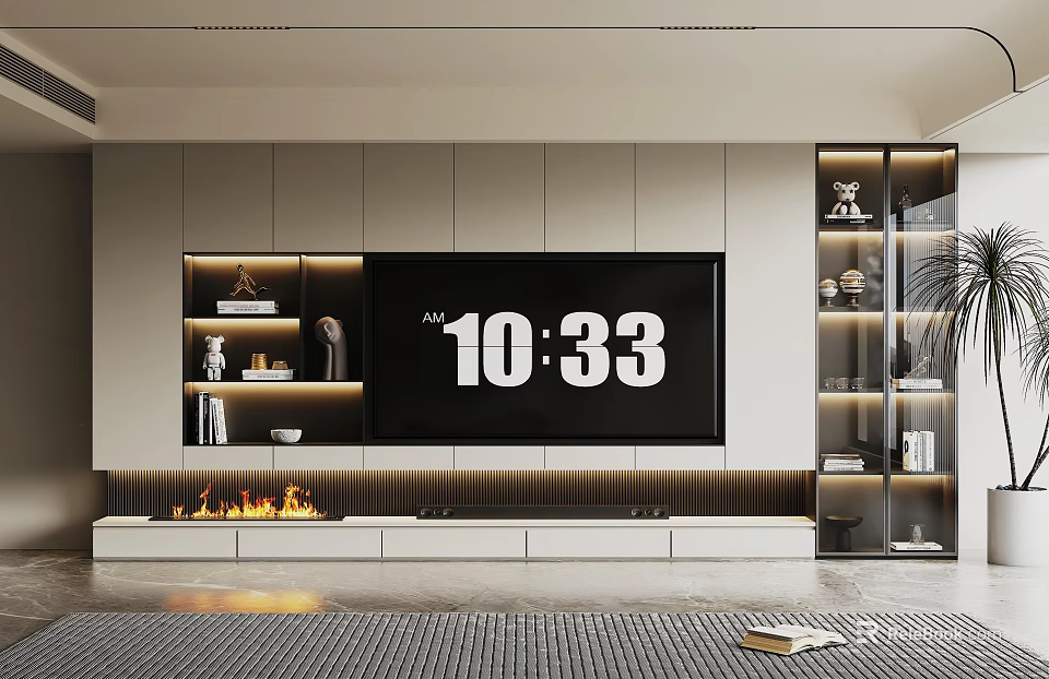 Modern Living Room Interior With Large TV Screen Fireplace Illuminated Shelves And Area Rug 3d model 